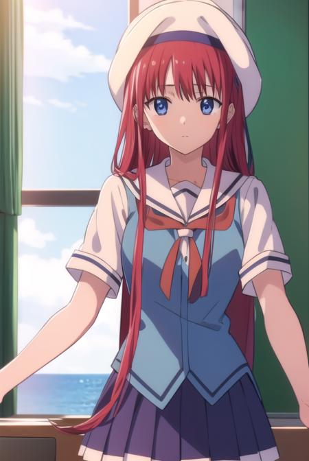 kotorishirakawa, <lyco:kotorishirakawa-LYCORIStest:1>,
kotori shirakawa, long hair, blue eyes, red hair,  (small breast:1.2),
BREAK skirt, hat, school uniform, short sleeves, socks, puffy sleeves, puffy short sleeves, beret,
BREAK looking at viewer,
BREAK indoors, classroom, 
BREAK <lora:GoodHands-vanilla:1>, (masterpiece:1.2), best quality, high resolution, unity 8k wallpaper, (illustration:0.8), (beautiful detailed eyes:1.6), extremely detailed face, perfect lighting, extremely detailed CG, (perfect hands, perfect anatomy),