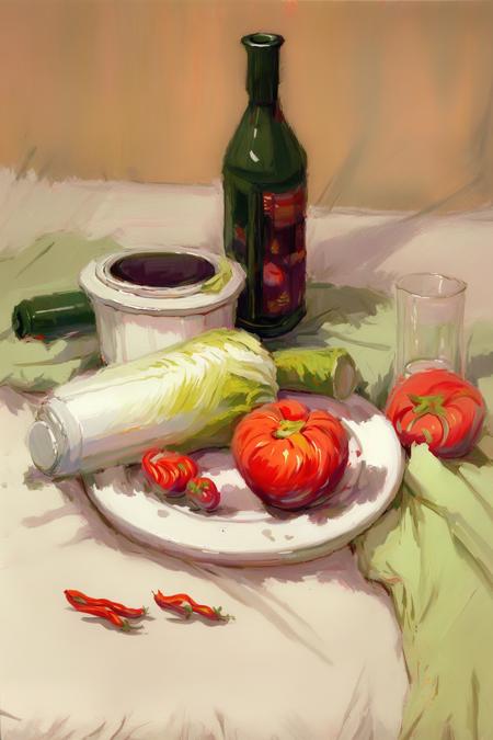 still life watercolor,masterpiece,best quality,(white clay pot:1.2),1 tall glass,plate,Chinese cabbage,patatata,tomato,fragarach_(fate),<lora:still life watercolor:1>,green blanket,bottle,