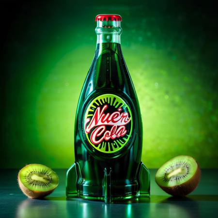 For a realistic depiction of 'Kiwi Nuclear Cola', imagine a sleek, futuristic soda bottle with a soft neon glow, hinting at the vibrant green of kiwi. The label is eye-catching, featuring a dynamic, atomic-themed logo intertwined with kiwi fruit motifs. The words 'Kiwi Nuclear Cola' are emblazoned in bold, lively typography. The bottle looks refreshingly chilled, with beads of condensation accentuating its coolness under a bright, contemporary light source. The backdrop suggests high-tech refrigeration, merging the essence of a cutting-edge, high-energy beverage with the natural, tangy twist of kiwi, creating a blend of familiar comfort and science fiction charm <lora:nukacolas:0.75>