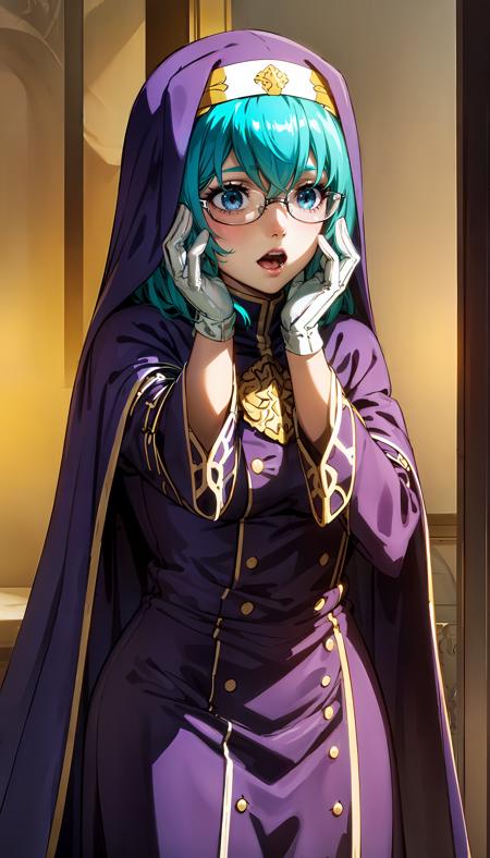 photorealistic, (4k), depth of field, (Masterpiece), (realistic skin texture), extremely detailed, intricate, hyper detailed, professional photography, bokeh, high resolution, sharp detail, best quality, woman, short hair, cyan hair, blue eyes, glasses, purple robe, purple headdress, white lining, white gloves, gold headband,  <lora:GoodHands-vanilla:0.8> , <lora:detail_slider_v4:0.8> , dynamic pose, head rest, <lora:Welcie:0.8> ,