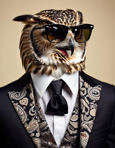 photograph portrait of a owl with a man-bun wearing a black suit with a paisley vest and white shirt and black necktie and wearing black Rayban style sunglasses, open jacket, three-piece suit, evocative, highly detailed, high contrast, 50mm . cinematic 4k epic detailed 4k epic detailed photograph shot on kodak detailed cinematic hbo dark moody, 35mm photo, grainy, vignette, vintage, Kodachrome, Lomography, stained, highly detailed, found footage, High Fashion, portrait of a owl with a man-bun wearing a black suit with a paisley vest and white shirt and black necktie and wearing black Rayban style sunglasses, open jacket, three-piece suit, evocative, highly detailed, high contrast, dynamic, dramatic, haute couture, elegant, ornate clothing, High Fashion, portrait of a owl with a man-bun wearing a black suit with a paisley vest and white shirt and black necktie and wearing black Rayban style sunglasses, open jacket, three-piece suit, evocative, highly detailed, high contrast, sharp focus, candid, intricate, elegant, extremely charming, creative, color spread, background inspired, sublime