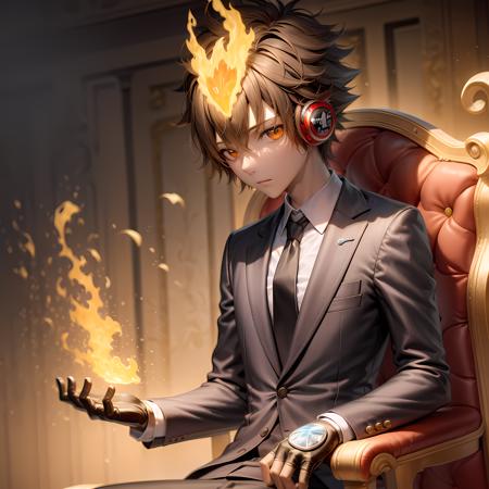 ((masterpiece, best quality)),(complex lighting),tsuna sawada , solo, 1boy,  <lora:Tsuna_Reborn2-10:0.8>, brown hair, gloves, 1boy, brown eyes, upper body, headphones, male focus, necktie, formal, suit, , black necktie, flame headwear,sitting, on chair, throne,