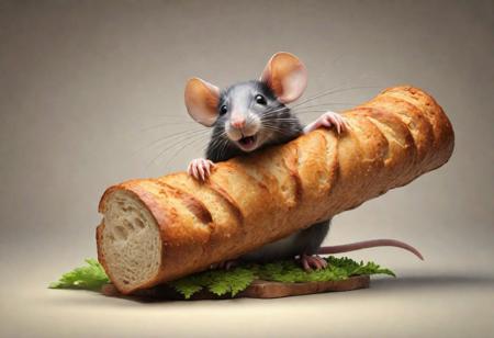 Generate a whimsical and imaginative an image depicting a clever rat crafting a bread piece from a log.