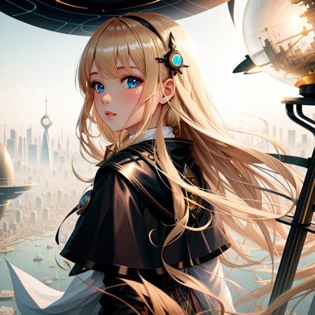 best quality, mastepiece, 1girl, outdoors, day, futurism, detailed, wallpaper, witch, orb, blonde_hair,