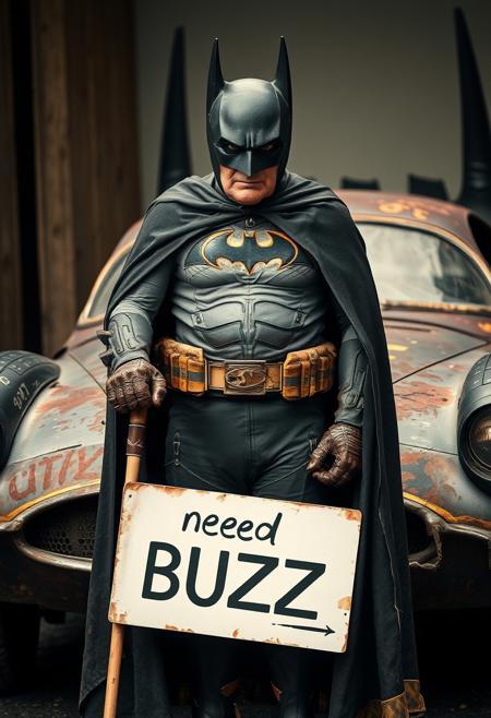 Closeup of old 77 year old Batman in worn out batman bodysuit and ripped worn cape standing using cane in front of his rusted and worn Batmobile holding sign "need BUZZ"