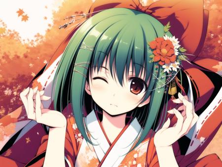 (masterpiece:1,2), best quality, 1girl, solo, green hair, one eye closed, animal ears, red eyes, japanese clothes, hair ornament, short hair, miko, ribbon, upper body, branch,
 <lora:tenmu:1>