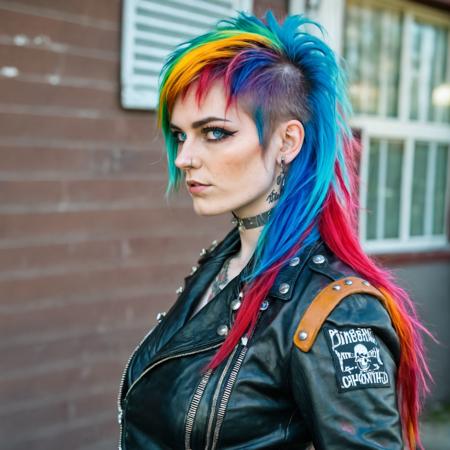 woman with a long shaggyMullet hair style, photograph,  __general2/posture_poses__, natural light, subject, 8k uhd, dslr, rainbow multicolored hair, vibrant blue eyes, wearing riding leathers and punk atmosphere, cleavage, amateur photo, Instagram,
 <lora:concept_hair_shaggyMullet_sdxl_v1-shaggyMullet-000005:0.75>