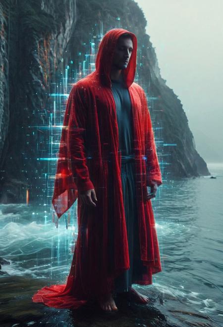 A figure stands gazing left, cloaked in a translucent, glowing red robe, with brilliant glitch and noise effect on cloak. The serene, misty backdrop features soft blues and grays of a cliff and foggy sky. Reflections on the calm, glassy water replicate the figure's vibrant luminescence, juxtaposing the cool tranquility of the setting with the robe's energetic warmth,
 <lora:aidmaGlitchStyle-v0.1:0.75> glitch, flickering, digital, glitching
 <lora:SDXLFaeTastic2400:0.35>
 <lora:aidma-Image Upgrader-v0.1:0.4>