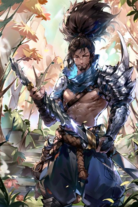 yasuo, league of legends, yasuo_(league_of_legends), 1boy, weapon, male focus, sword, facial hair, solo, beard, sheath, ponytail, brown hair, holding, long hair, holding weapon, armor, brown eyes, outdoors, holding sword, katana, muscular, tree, looking at viewer