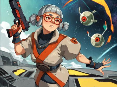 score_9, score_8_up, score_7_up, score_6_up,
science fiction,spacecraft, space, josha holding gun, wearing gray tunic with puffy short sleeves, gray pants, belt, red eyes, red-framed eyewear, high collar, silver hair, (angry:0.5)
source_anime, <lora:josha_sdxl_pdv6:1>