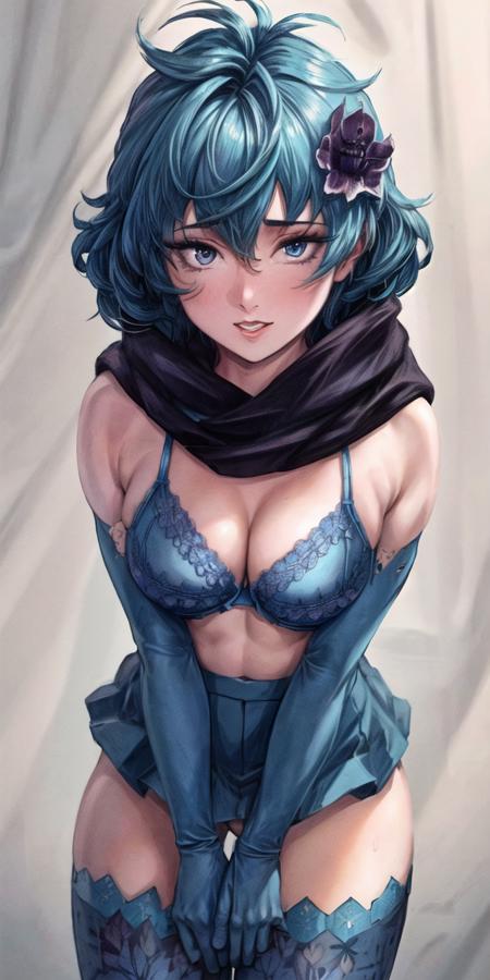 detailed, high resolution, hires, 1990s\(style\), retro art, 1 girl, pov, looking at viewer, solo, embarrassed, clothes, blue bra, patterned, blue, scarf, elbow gloves,blue, blue,school mini skirt,patterned, blue,tights, blue,flower,on top, blue hair, <lora:TwoV1.0:0.9>, spread legs, <lora:add_detail:1.0>