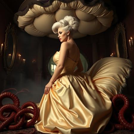 Sexy, sultry, (Female, 1girl):1.3, (satin highly detailed georgian gown):1.3, (Huge breasts, big boobs, Large breasts), (firm Round perky breasts:1.2), (posturecollar):1.25, (, slim waist:1.35). Hair in large updo. kneeling at giant slime pillow, surrounded by tentacles, lifted skirt, high heels, fog, horror, under giant slime pillow canopy, mirrors
Rembrandt Lighting Style, great lighting. At twilight, in victorian mansion sideview
Ultra realistic, 8k, uhd, best quality, best resolution, lifelike, white wig, ent over, on all fours, 
large breasts, big boobs, huge tits, georgian gown,