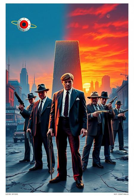 Design a surreal movie poster for 2001: CLOCKWORK ODYSSEY, blending A Clockwork Orange, 2001: A Space Odyssey, Reservoir Dogs, Gone with the Wind, The Untouchables, and Gomorrah. In the foreground, Alex from A Clockwork Orange stands alongside sharply dressed gangsters from Reservoir Dogs and The Untouchables, holding futuristic weapons. Add gritty, modern criminals from Gomorrah, injecting a raw, urban vibe.
The background merges the sterile space of 2001—with HAL 9000’s red eye and the monolith—against a burning sunset from Gone with the Wind. The landscape should blend urban decay from Gomorrah and Clockwork Orange with 1930s Chicago architecture from The Untouchables and the futuristic setting of 2001. Scarlett O’Hara stands elegantly beside the rough mobsters, contrasting romance and violence.
The color palette should mix the cold blues of 2001, warm reds from Gone with the Wind, and the dark, gritty tones from Gomorrah. The title 2001: CLOCKWORK ODYSSEY should blend classic and bold typography. Include ‘A Film by Stanley Kubrick’ at the bottom, capturing the blend of dystopia, crime, romance, and sci-fi.”
