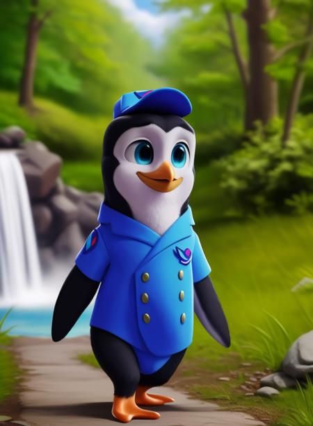 PipPenTots, penguin, blue eyes, orange legs, blue shirt, gray buttons, blue cap, (chibi, small body)