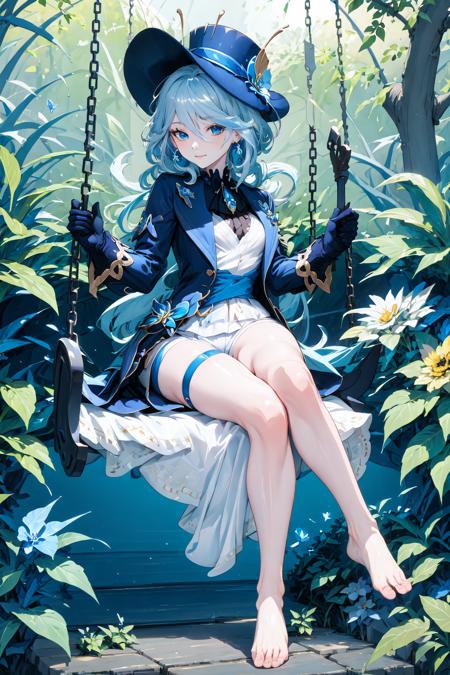 (masterpiece:1.2), best quality,PIXIV,
Focalors, 1girl, barefoot, feet, crossed legs, soles, swing, gloves, toes, thigh strap, solo, long hair, sitting, blue flower, hat, ahoge, flower, long sleeves, legs, chain, white gloves, looking at viewer, bare legs, jacket, full body, very long hair, blue jacket, butterfly, bug, thighs, bangs, jewelry, earrings, blue headwear, shorts, closed mouth, hat flower, blue rose, outdoors, holding, foot focus
<lora:Focalors_20230831151016:1>,