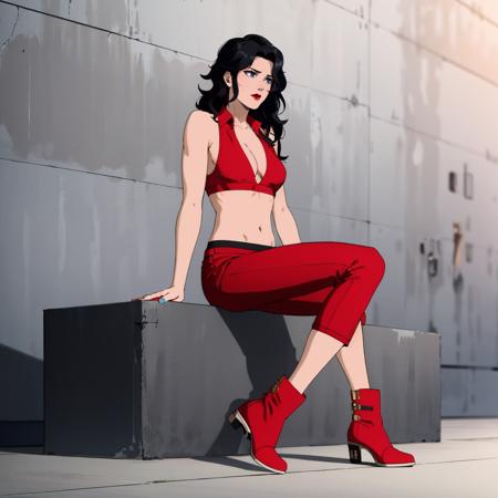 sarah,1girl,black hair,wavy hair,longhair,blue eyes,red_lips_, collared crop top,cleavage,sleeveless,midriff,red pants, red boots,