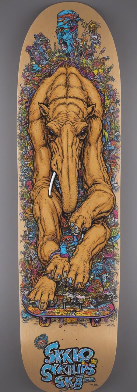 Jimbo Phillips Sk8 Art XL smoking joe camel skateboard art <lora:Jimbo_Phillips_Sk8_Art_XL:1>