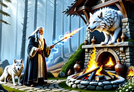 ultra realistic image with high resolution and stable focus correct and accurate anatomy, correct and accurate objects, perfect detail, ultra realism, photo realism, an image depicting a magician, a dtsrec with a long beard and white long hair leaning on his magic wand standing next to a hearth in which a magical fire burns in front of his stone house merges with the forest landscape, next to him there is 1 huge dragon staring into the fire, at the feet of the magician lies a meekly huge white wolf. ultra detail