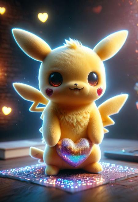 holographic, h4v_h0l0, pikachu, cute, chibi, glowing eyes, LED, High Quality, Soft Texture, Full Colour, made of ral-smlvltnpls, masterpiece, dynamic, awesome quality,soft lighting,artistic composition, high contrast, high resolution, visual aesthetics, masterpiece, sfw
