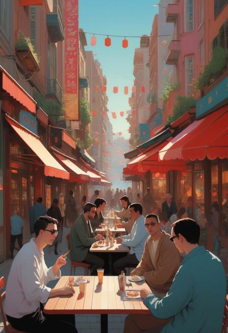 illustration of a street scene with people sitting at tables and walking, by Raphal Collin, by Bernard D Andrea, inspired by Tomer Hanuka, ( asaf hanuka ), by Asaf Hanuka, by Tomer Hanuka, by Clment Serveau, inspired by Asaf Hanuka, by Rbert Berny, french comic style