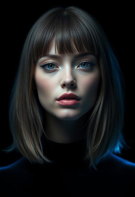 a holographic woman, shoulder length hair, short straight bangs, extremely beautiful, face focus, head and shoulders only, simple black background, glowing blue, transparent