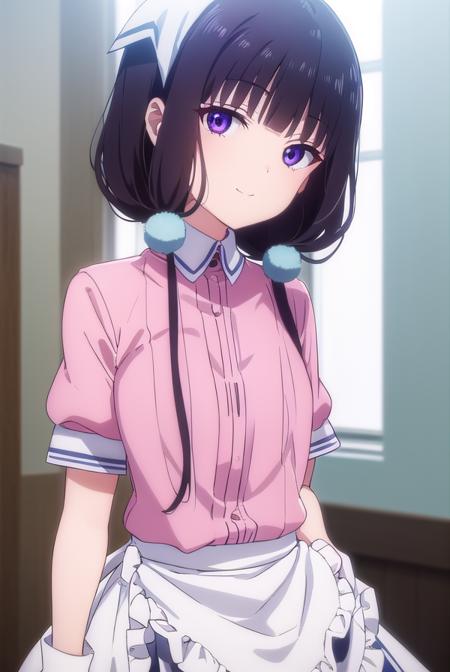 maikasakuranomiya, <lora:maika sakuranomiya s1-lora-nochekaiser:1>,
maika sakuranomiya, long hair, black hair, hair ornament, twintails, (purple eyes:1.1), low twintails, smile,
BREAK skirt, shirt, thighhighs, gloves, short sleeves, pleated skirt, frills, shoes, puffy sleeves, white gloves, black footwear, uniform, apron, white thighhighs, puffy short sleeves, zettai ryouiki, waist apron, white apron, pink skirt, pink shirt, frilled apron, waitress, head scarf,
BREAK indoors, restaurant,
BREAK looking at viewer, (cowboy shot:1.5),
BREAK <lyco:GoodHands-beta2:1>, (masterpiece:1.2), best quality, high resolution, unity 8k wallpaper, (illustration:0.8), (beautiful detailed eyes:1.6), extremely detailed face, perfect lighting, extremely detailed CG, (perfect hands, perfect anatomy),