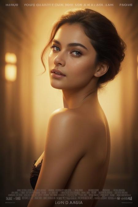 movieposter, bare shoulder portrait of a stunning woman, a beauty skincare model, with flawless, glowing, and healthy skin. She gazes directly at the viewer with captivating eyes. Cinematic lighting with soft highlights and dramatic shadows. Masterpiece quality, detailed skin texture with perfections,
 copyright name, layout design, font design, copyright name, movie poster, design layout