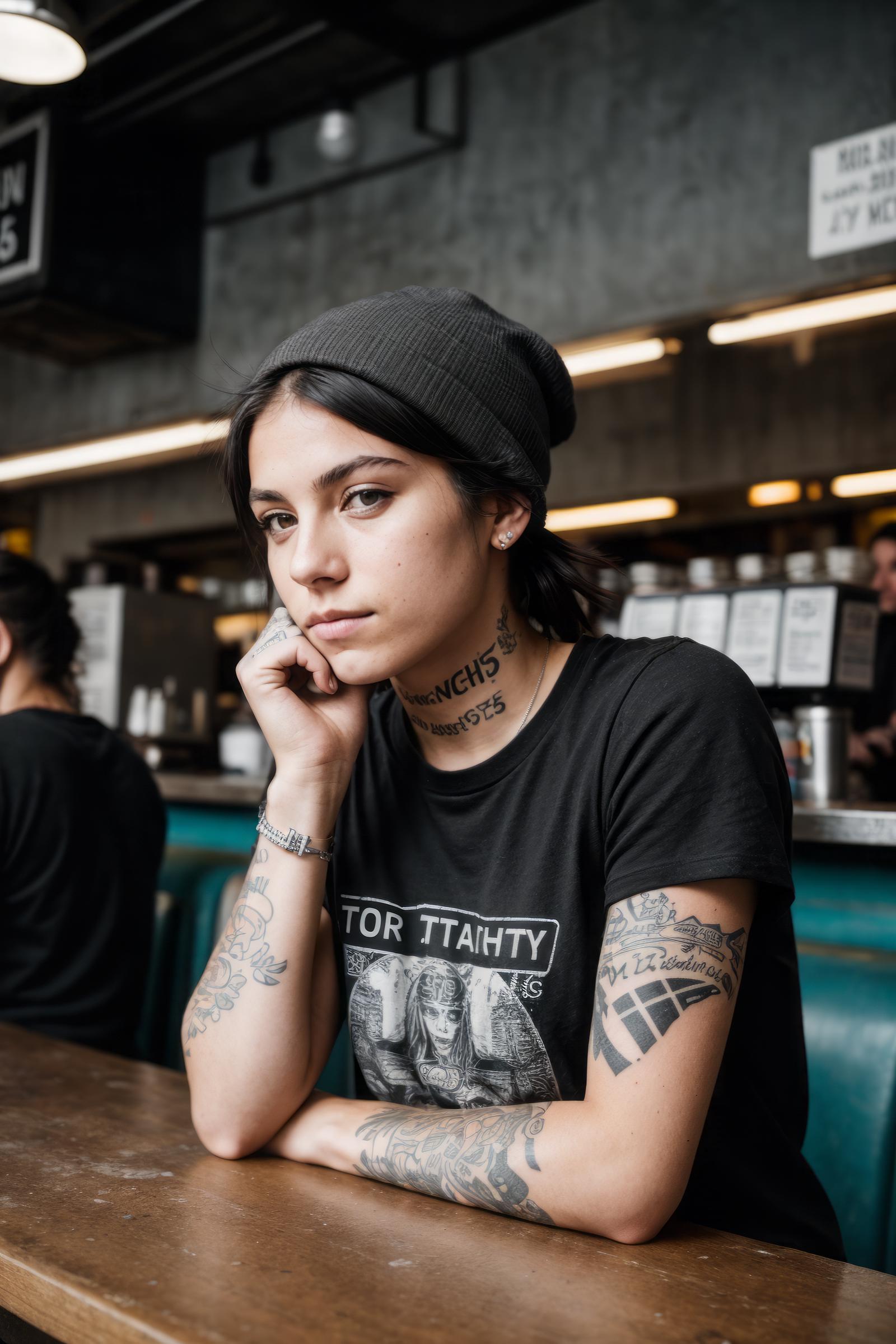 A young woman with tattoos and piercings sits at a booth in a restaurant.