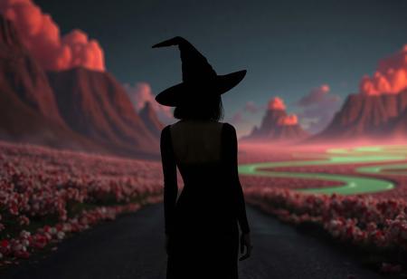cottoncandy: a small black silhouette of a woman, showing back, long black tight dress, short black hair, black witch hat, in a vast dark but colorfull candy land, dark black night, cadles on the street, vast surreal world in the background. clear lighting, mountains of dark red candy with white suggar toppings, red clouds like creamy pudding, green river of transparent slime,
Shot with a full-frame DSLR, 85mm lens at f/1.8 for shallow depth of field, ISO 400, 1/100 shutter speed. soft light enhanced with slight post-processing contrast boost and warm tone grading. balancing candy love and dark horror, creating a sad but beautiful photo,