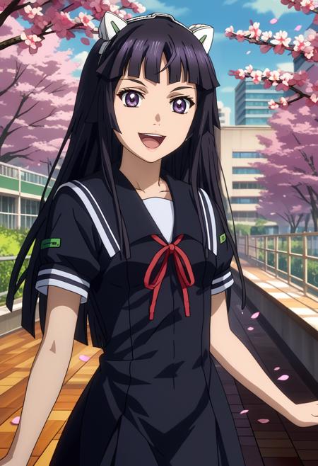 long hair, black hair, hime cut, purple eyes, fake animal ears, hairband TsugumiSuit, two-tone suit, black bodysuit, grey bodysuit, neon trim TsugumiSchool, black serafuku, black sailor collar, black dress, red ribbon, short sleeves TsugumiSchool2, black sailor collar, cardigan, red ribbon, long sleeves, pleated skirt, black skirt long hair, black hair, hime cut, purple eyes, animal ears TsugumiMaid, frilled dress, black dress, white apron, short sleeves, frilled skirt, black skirt