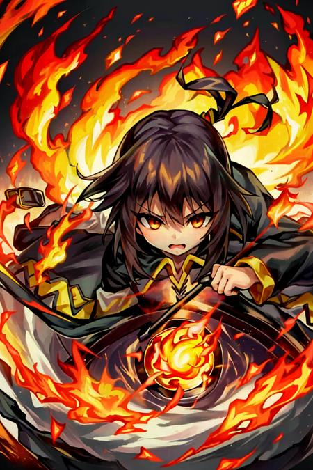 <lora:deemoArtstyle:1>, deemoArtstyle, 1girl, solo, megumin, flames, fire, masterpiece, best quality,