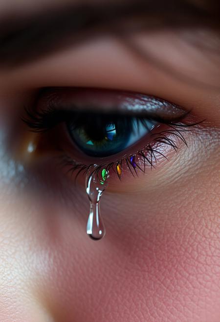 UHD 32k, melancholy photograph of a hyperrealistic macroscopic view of tear shaped drop of water rolling down a cheek out of a crying woman's sad eye leaving a wet trail, tear contains hundreds of microscopic tiny shards of broken multi-colored stained glass, her makeup is running, hyperrealistic skin background, photorealistic, photorealism, insanely detailed, sharp, 8k, masterpiece, trending on art station