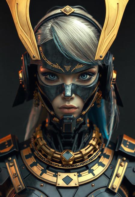 Front View Portrait of a female blonde Humanoid with a futuristic black and gold samurai armor, robotic humanoid face, advanced technology, blue hair, her neck is covered with a matte black steel robotic device, golden jewelries, Centered Composition, cyberpunk, hip-hop aesthetics, intricate details, realistic shadows and details, ultra sharp, sharpness, extremely detailed, superb quality, 8K, Vibrant colors, saturated colors, high contrast, studio lighting,