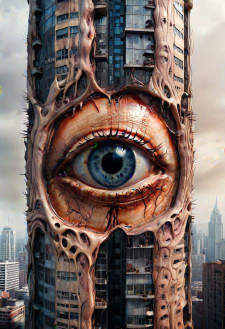 A tall building made out of human skin, an eye in the center, terrifying, nightmare fuel, cinematic
