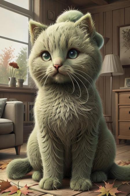 grassify, living room, window, autumn tree, Cute (massive huge eyed), kittens, (wearing beanie hat), 4k, high detail, high quality, realistic, full body,