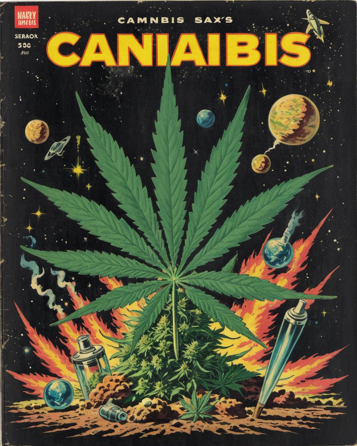 A vintage comic book cover featuring cannabis and planets.