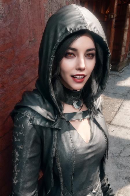 <lora:Serana_Reimagined:0.8> , Serana Reimagined, masterpiece, best quality, 1girl, solo, hood, red eyes, fangs, black hair, looking at viewer, gloves, choker, hood up, long hair, upper body, fingerless gloves, open mouth, jacket, teeth, realistic, leather, jewelry, hooded jacket, breasts, black gloves