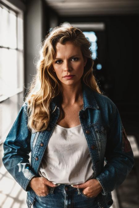 <lora:k1mb4s1ng3r:0.9>, a Realistic closeup portrait of a k1mb4s1ng3r woman, long hair, breasts, looking at viewer, blue eyes, blonde hair, cleavage, jeans and jacket, lips, realistic, soft lighting, professional Photography, Photorealistic, detailed, standing in a dark Studio Room background, blurred background, RAW, analog, sharp focus, 8k, HD, DSLR, high quality, Fujifilm XT3, film grain, award winning, masterpiece