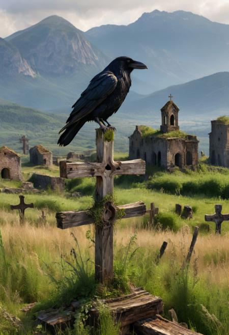 a raven perches on the top of a weathered wooden cross poking through long overgrown grass, nearby the tops of other crosses can be seen. on the horizon the ruins of an ancient religious building,  mountains