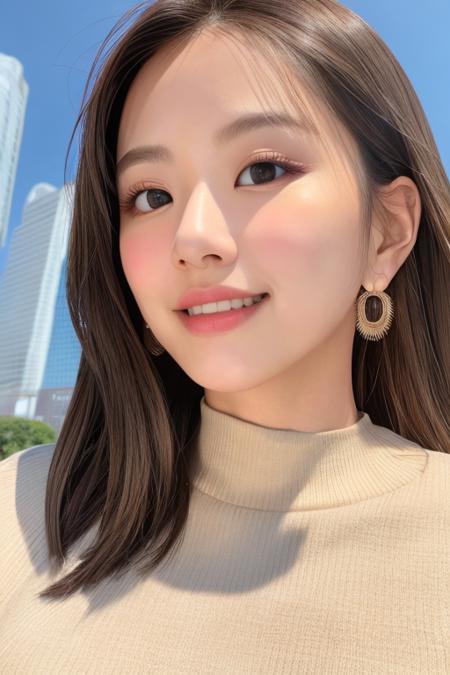 RAW photo,1girl,solo,chaeyo,brown hair,sweater,earring,((detailed:1.2)),(photorealistic:0.8),photoshoot,masterpiece,best quality,sun lighting ,city background, high quality, film grain,smile,looking at viewer,<lora:chaeyover1.1:0.7>,(half body:1.3), model photo