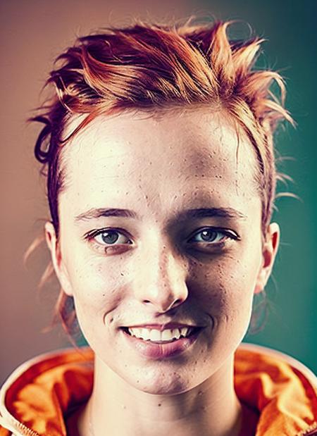 portrait of sks woman by Flora Borsi, style by Flora Borsi, bold, bright colours, orange Mohawk haircut, ((Flora Borsi)), <lora:locon_iga_v1_from_v2_64_32:1.4>