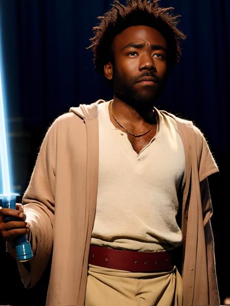 A high res photo of donald glover <lora:donald:1> cosplaying as a jedi holding a light blue saber, <lora:starWarsJediOutfit_v10:0.6>