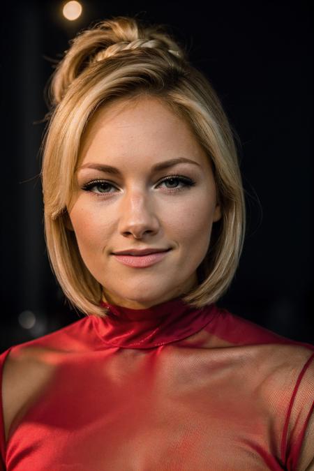 RAW photo of helfisch, face portrait, blonde, red high-neck dress, 8k uhd, dslr, soft lighting, high quality, film grain, Fujifilm XT3,  <lora:helfisch:1>