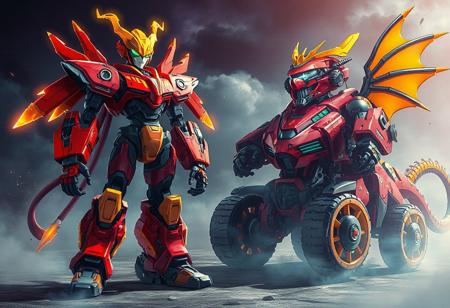 The artwork vividly depicts an epic scene of two distinct robots: a Cyber Magician and a Proto-Cyber Dragon. The Cyber Magician, standing proudly with a red and black body and a vibrant yellow head, is adorned with orange arms and legs that add a burst of color. On the right, the Proto-Cyber Dragon, transformed from a cyborg, showcases a red and black exterior with a yellow roof that matches the Cyber Magician's head. Its orange wheels echo the robot's arms and legs, creating a harmonious color contrast. The captivating 4K illustration boasts lifelike details, intricate facial and clothing features, and vibrant hues. With stunning colors, impeccable composition, and epic cinematic lighting, the image is a masterpiece in contemporary aesthetics.