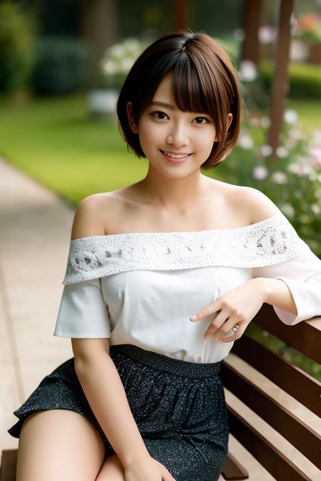 best quality, photorealistic, 4k, highres, perfect lighting, gorgeous, masterpiece, realistic, closeup portrait,
1girl, piercing eyes, wearing an off-shoulder jacket, medium breasts, short hair, looking at viewer, <lora:nanamin_30:0.8>, smile, outdoors, in a cafe