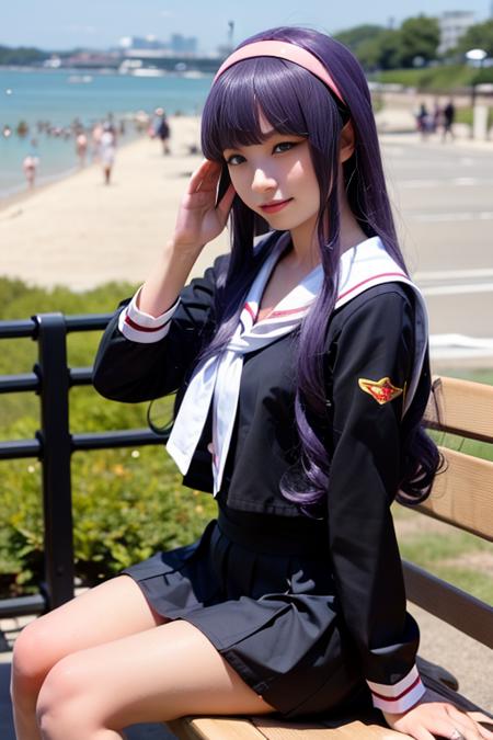 ultra-detailed,highly detailed,best quality,masterpiece,illustration,realistic,
daidouji tomoyo, tomoeda elementary school uniform, 1girl, solo, cosplay,
hairband, sailor collar, serafuku, long sleeves, neckerchief, pleated skirt, bobby socks,mary janes,
purple eyes, purple hair, long hair, bangs,
outdoors, photo background, beach,sea,waving, skyline, 
looking at viewer,adjusting hair, sitting on bench, 
<lora:daidouji tomoyo_xx_v1_06:0.7>