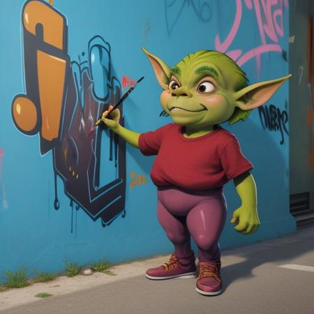 (Masterpiece of painting:1.3), modern streetart, graffitti art, writing, character, on a wall, huge, large, crazy painting, thick outlines, flat style, highlights, fadings, shading, (flat comic style character:1.3), simple color scheme, mascot, goblin, highly detailed, impressive, surprising, meaningful, fullscreen, taggings, frameless,