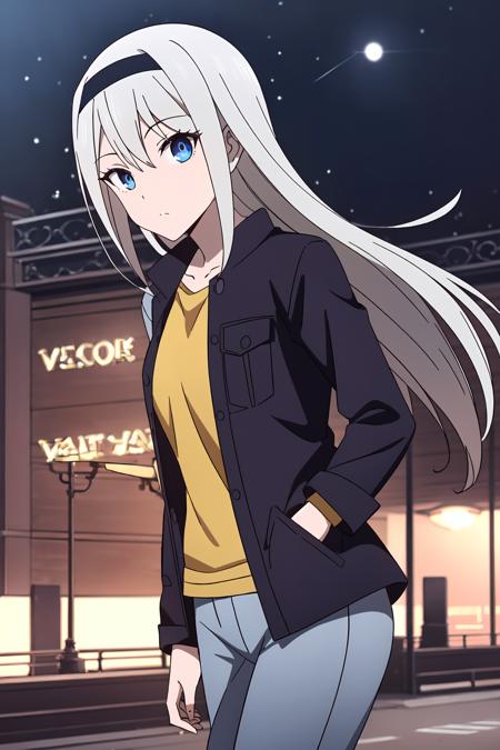 ((best quality)),((highly detailed)),masterpiece,absurdres,detailed face,beautiful face,(detailed eyes, deep eyes),(1girl),((dynamic pose)),<lora:Kei_V1.4:0.7>Kei, 1girl, blue eyes, long hair, hair between eyes, grey hair, bangs, black hairband,  jacket, walking, at night, (eyes looking away from the viewer:1.3, looking away from viewer:1.3), ripped jeans, hands in pocket, nighttime, city streets, neon signs, crowd behind,