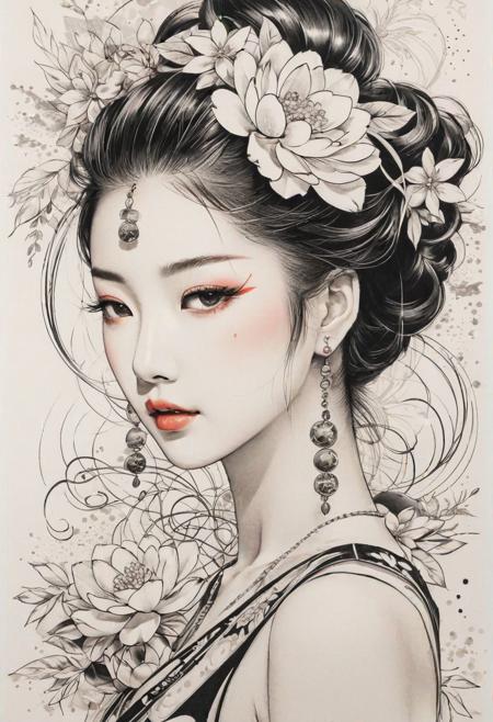 masterpiece, japanes poster style, trash-polka tattoo, sketch, minimalism, pencil drawing, clear lines, delicate ornament, Daeni Pino