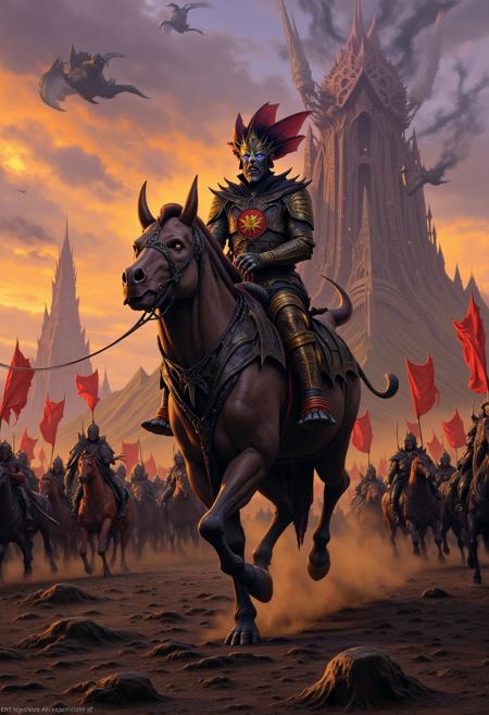 A highly detailed fantastical picture of a demon lord leading a demon army across the plains of hell. He rides a large hell beast. His royal sigils glow around his head. The army is armed, armored, they carry royal banners. A large hell city is in the distance behind them. Strange creatures fly around the sky.